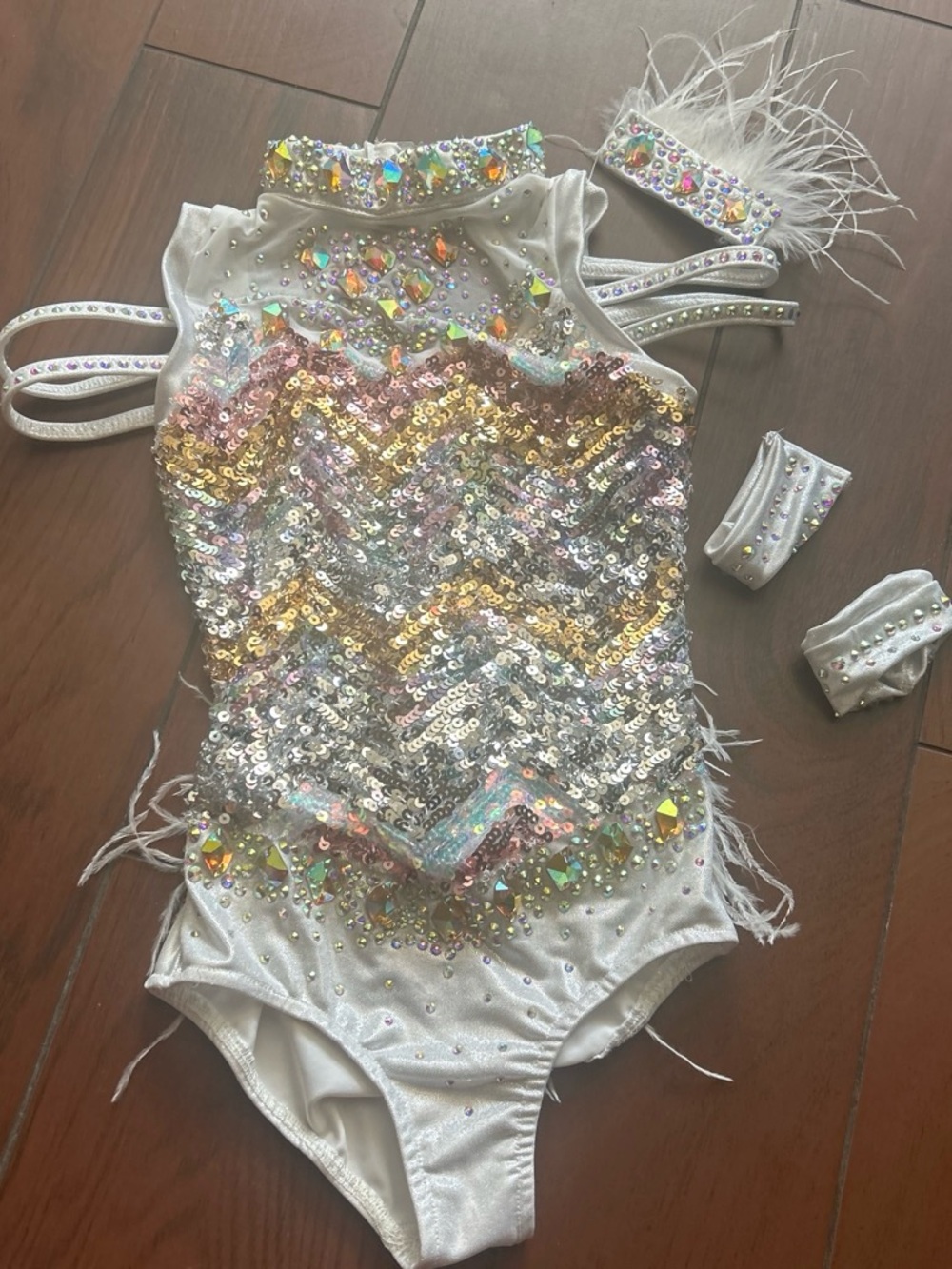 Glamour Iridescent Sequin White and Gold Kids Dance Costume